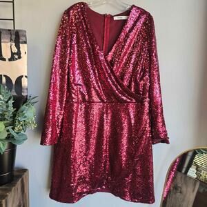 JustFab Burgundy Sequin Long Sleeve Faux Wrap Mini Dress - 1X